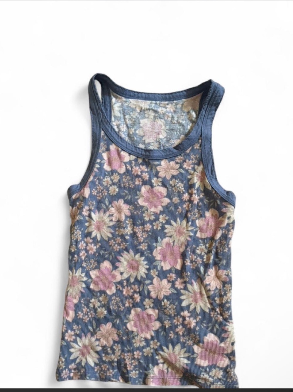 American Eagle Outfitters Blue Floral Ribbed Tank with Pink & Cream Blooms